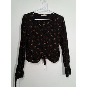 Urban Outfitters black floral long sleeve cropped blouse size Small
